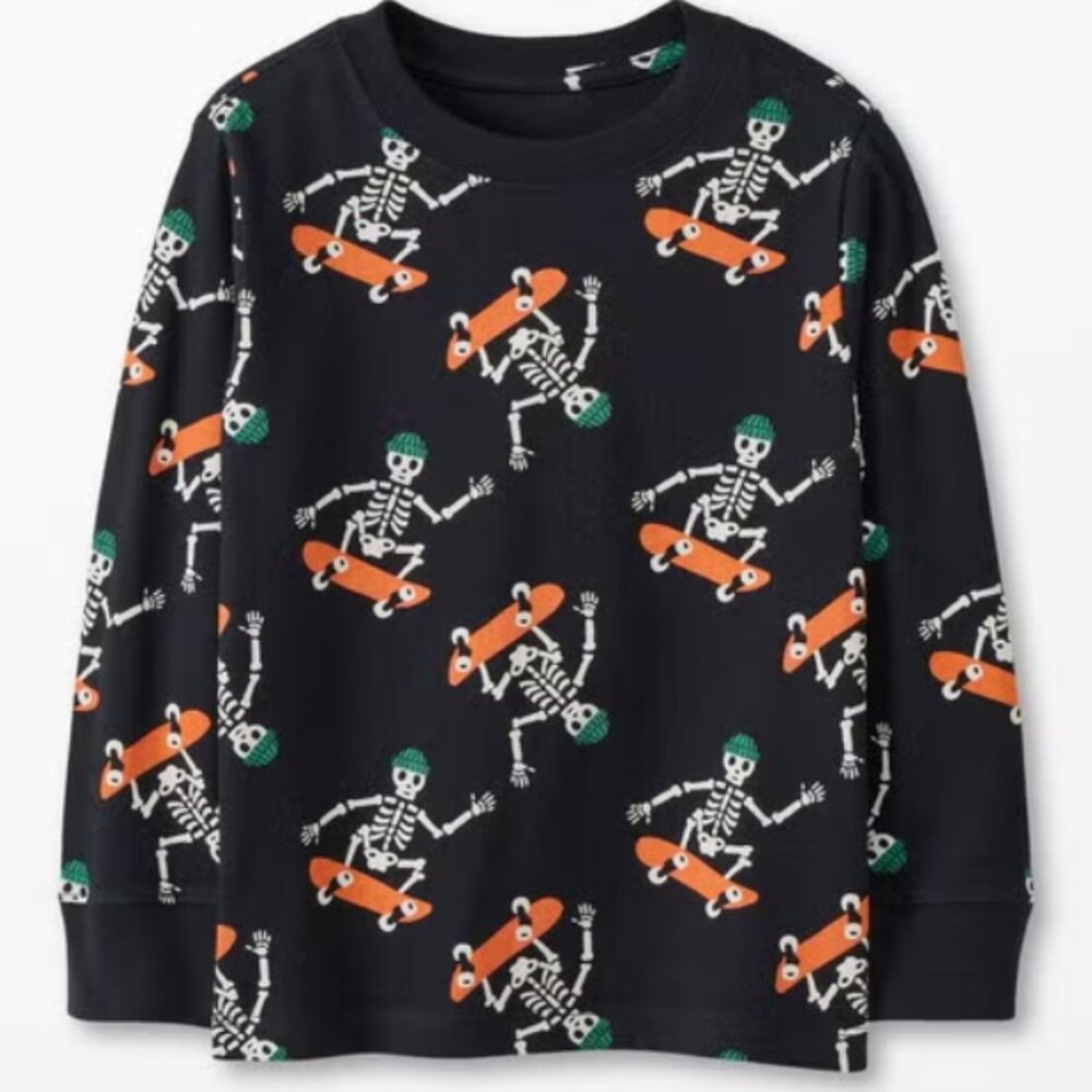 Hanna Andersson Black Skateboarding Skeletons Long Sleeve Printed Tshirt. Size 8